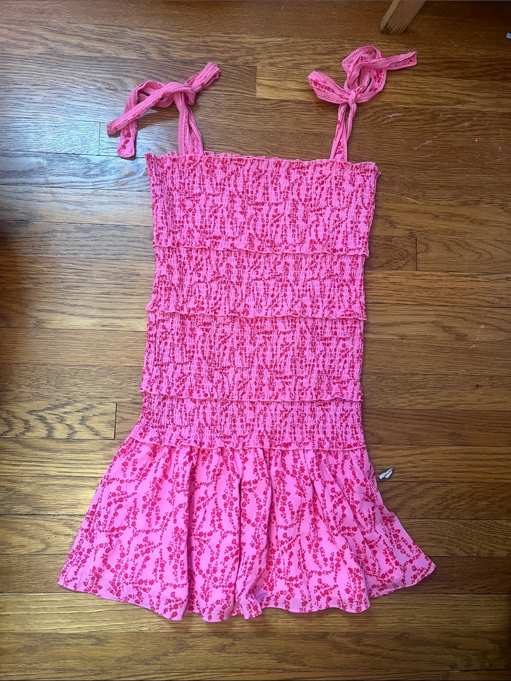 Amazon Pink Floral Print Smocked Sundress with Tie Straps